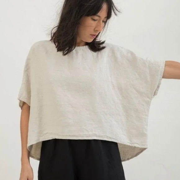 Elizabeth Suzann Tops - Elizabeth Suzann Linn Tee in Midweight Linen Flax OS Swing Boxy Neutral Natural